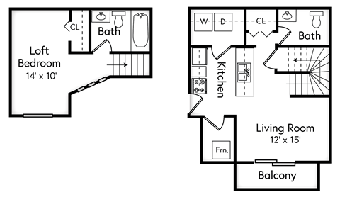 Floor plan for studio, 1.5 baths, 640 sqft